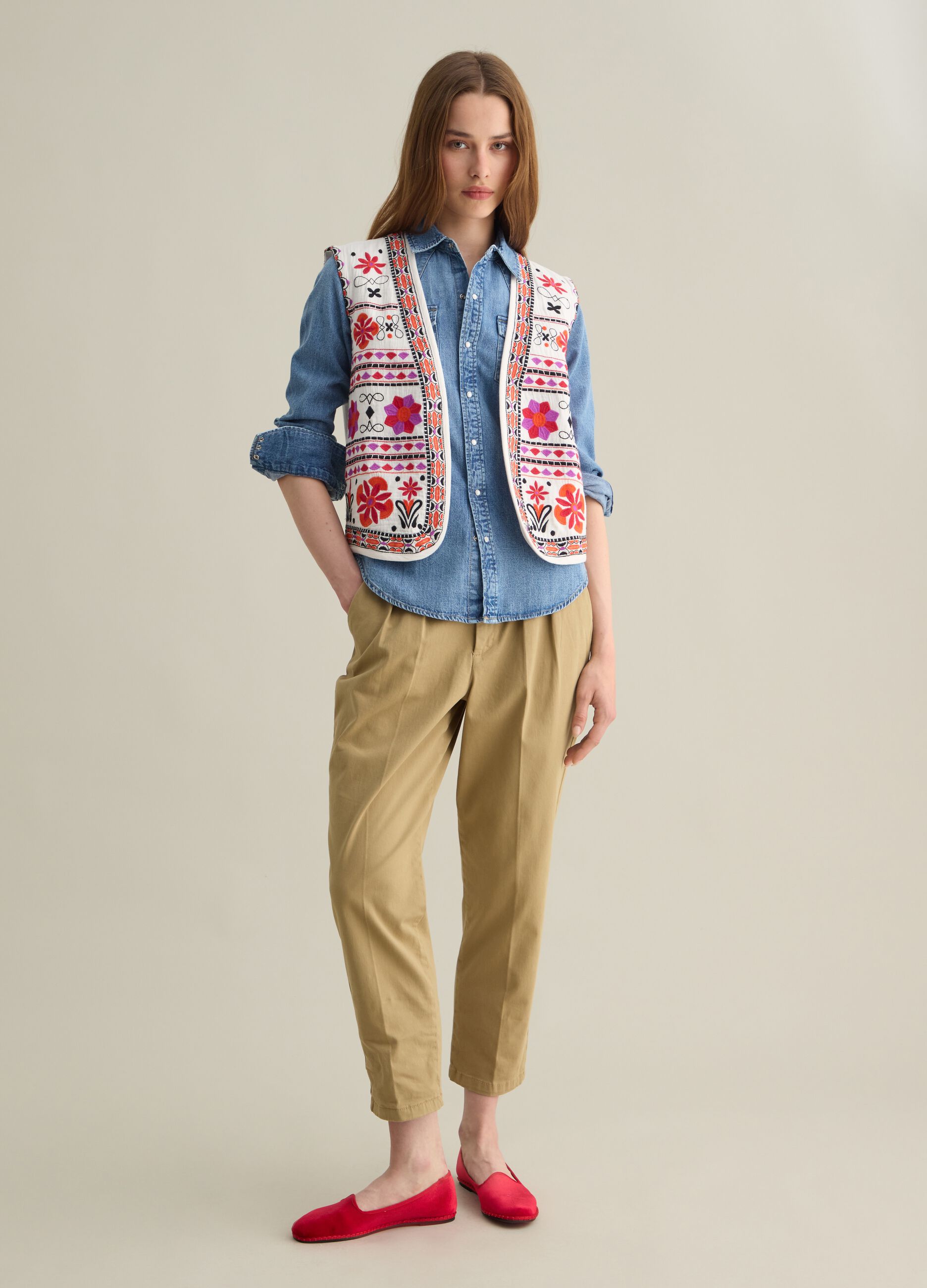 Gilet da donna in puro cotone multicolor regular fit con chiusura zip