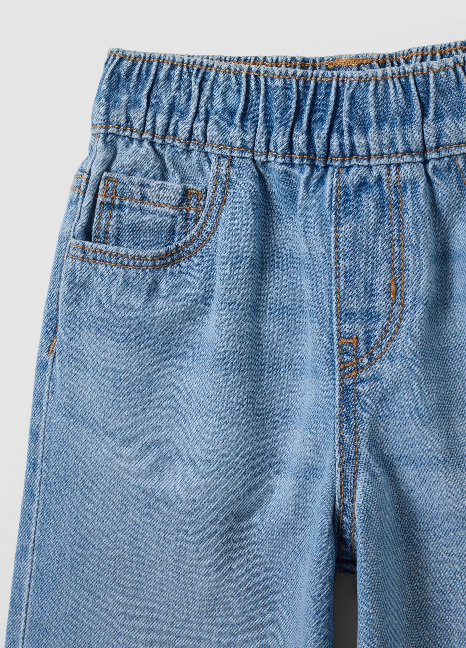 Light Blue Wide-Leg 100% Cotton Jeans with Elasticated Waistband for Girls