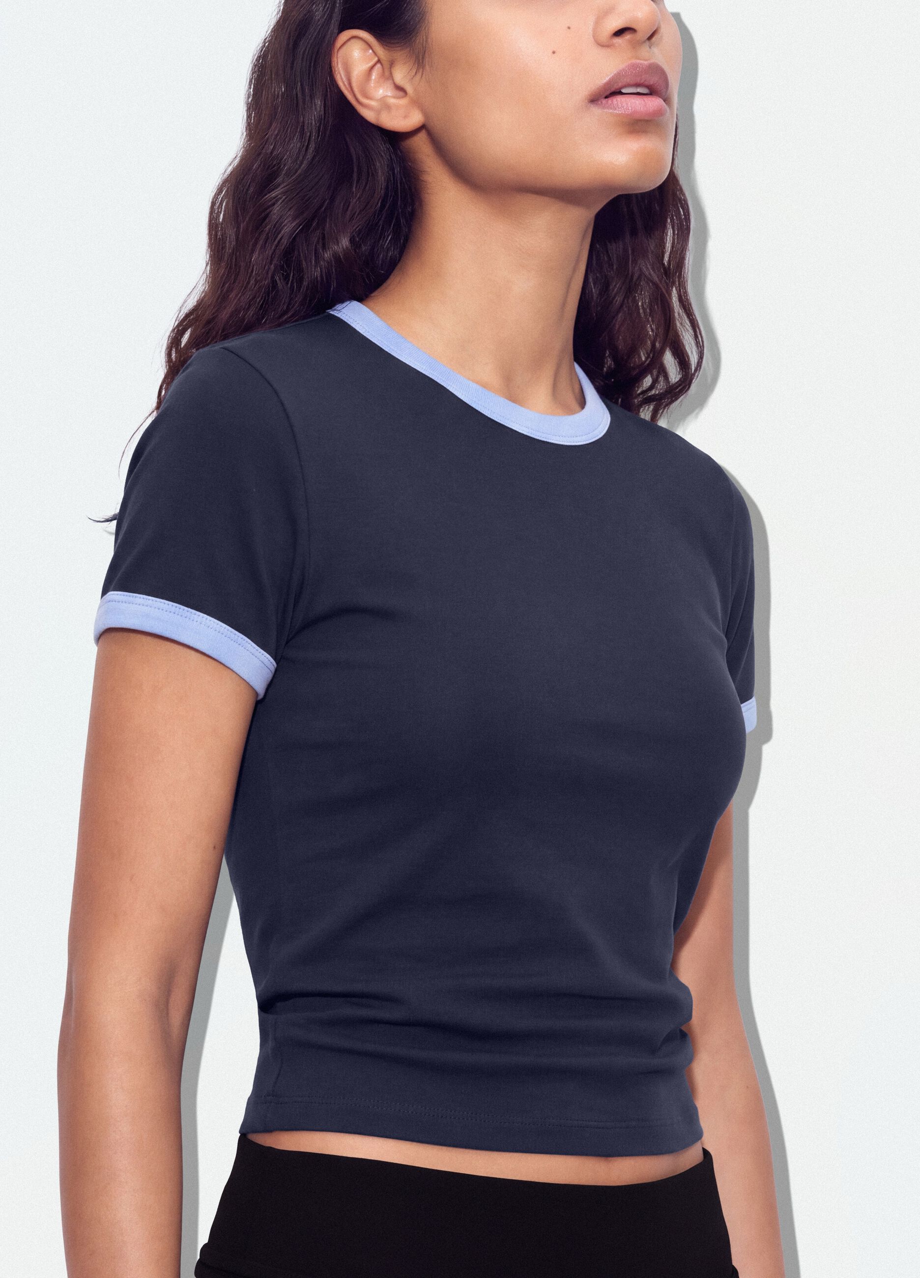 Blue stretch-cotton fitted T-shirt with contrast trims