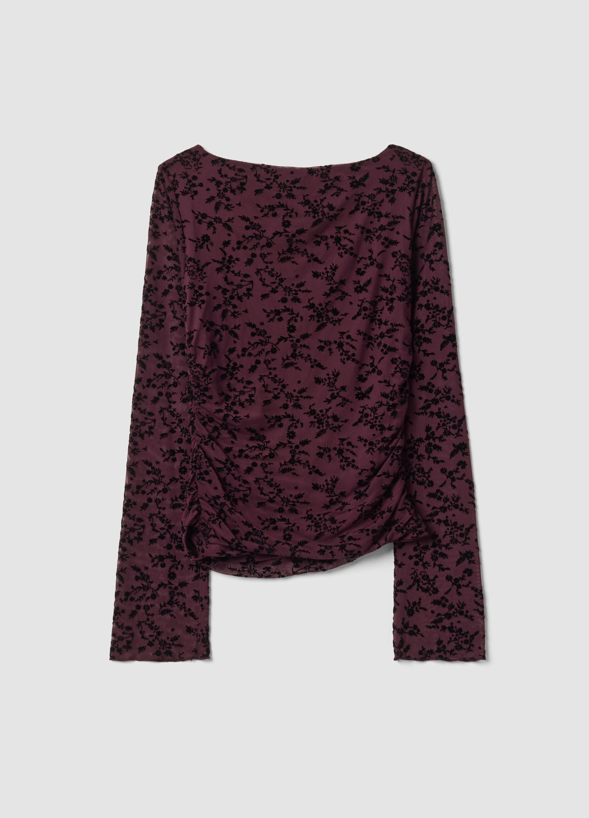 T-shirt viola in tessuto elasticizzato con motivo floreale floccato