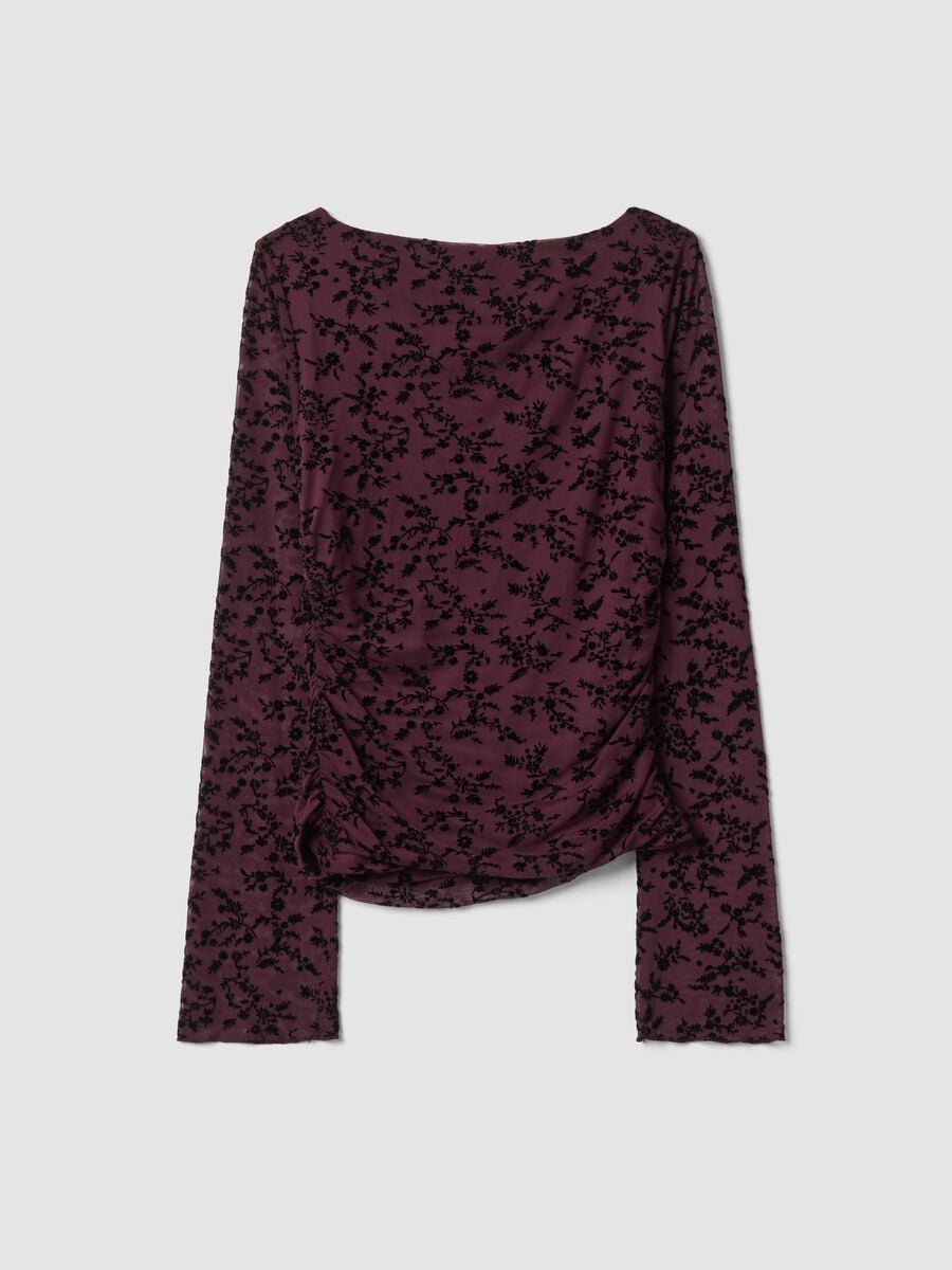 Purple stretch T-shirt with flocked floral motif_2