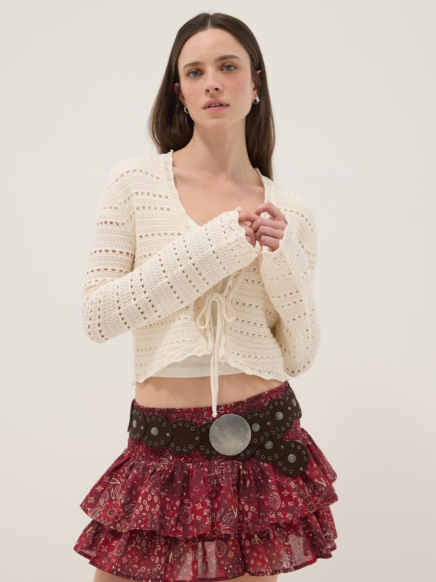 Cardigan in puro cotone bianco regular fit con design traforato_0