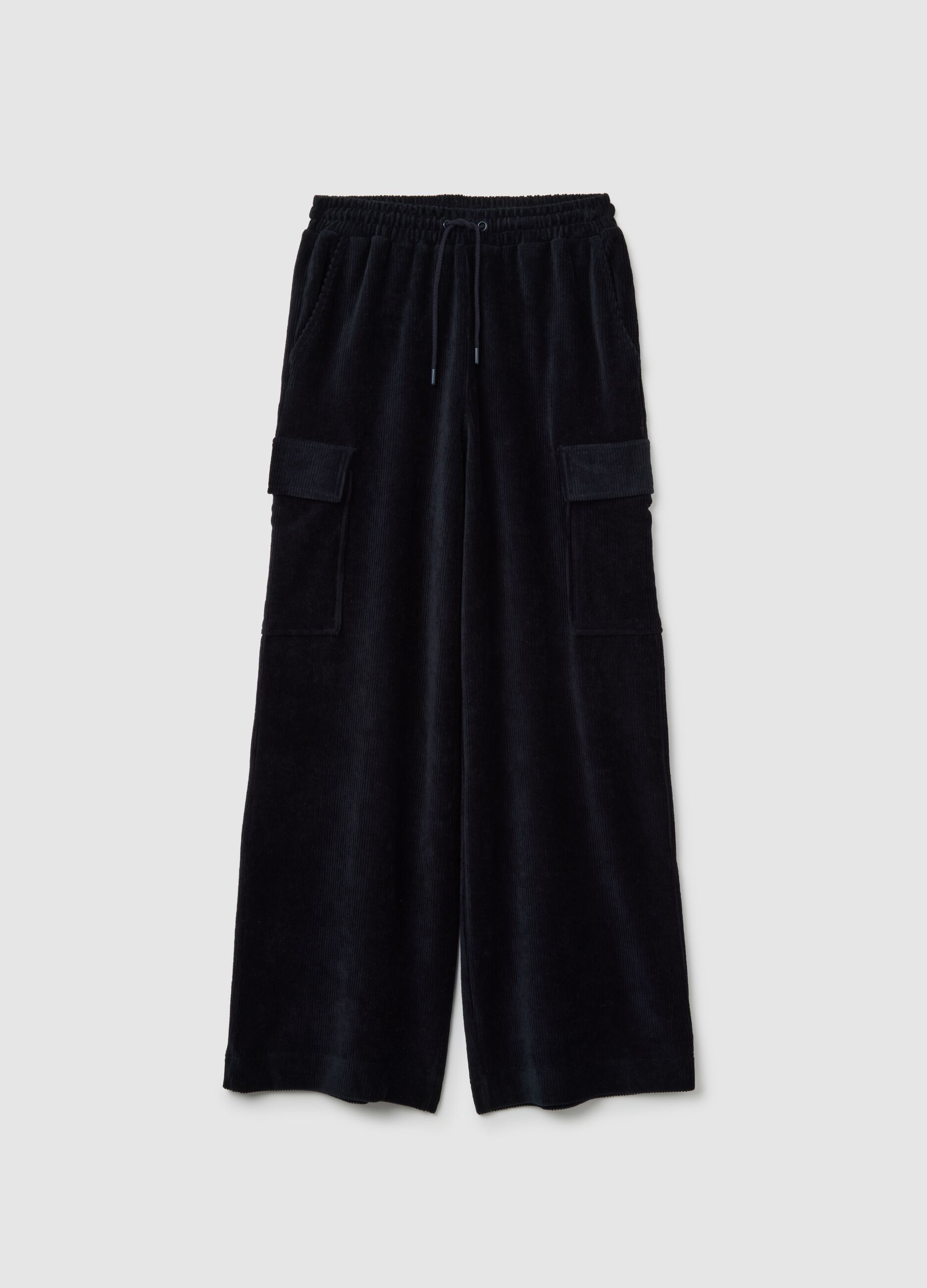 Black cotton blend wide leg cargo trousers