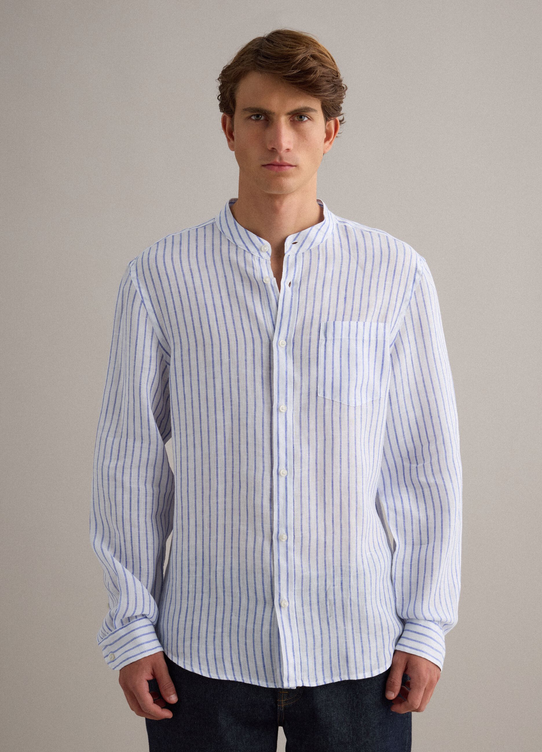 Light blue pure linen striped shirt with mandarin collar, regular fit