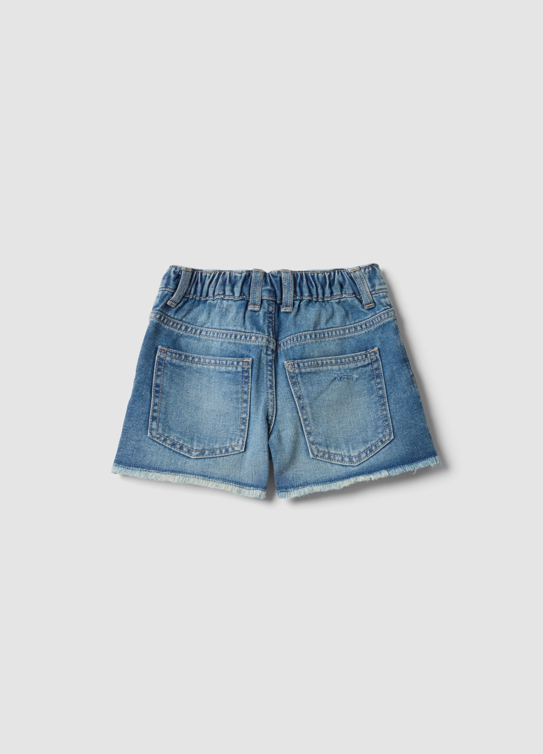 Blue cotton denim shorts for girls, regular fit, distressed details
