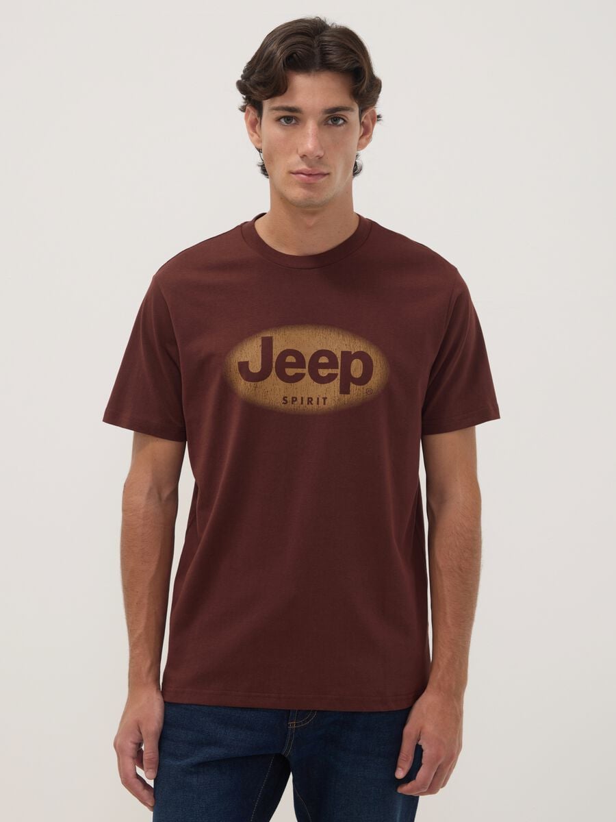 T-shirt marrone in puro cotone con girocollo e stampa Jeep_0