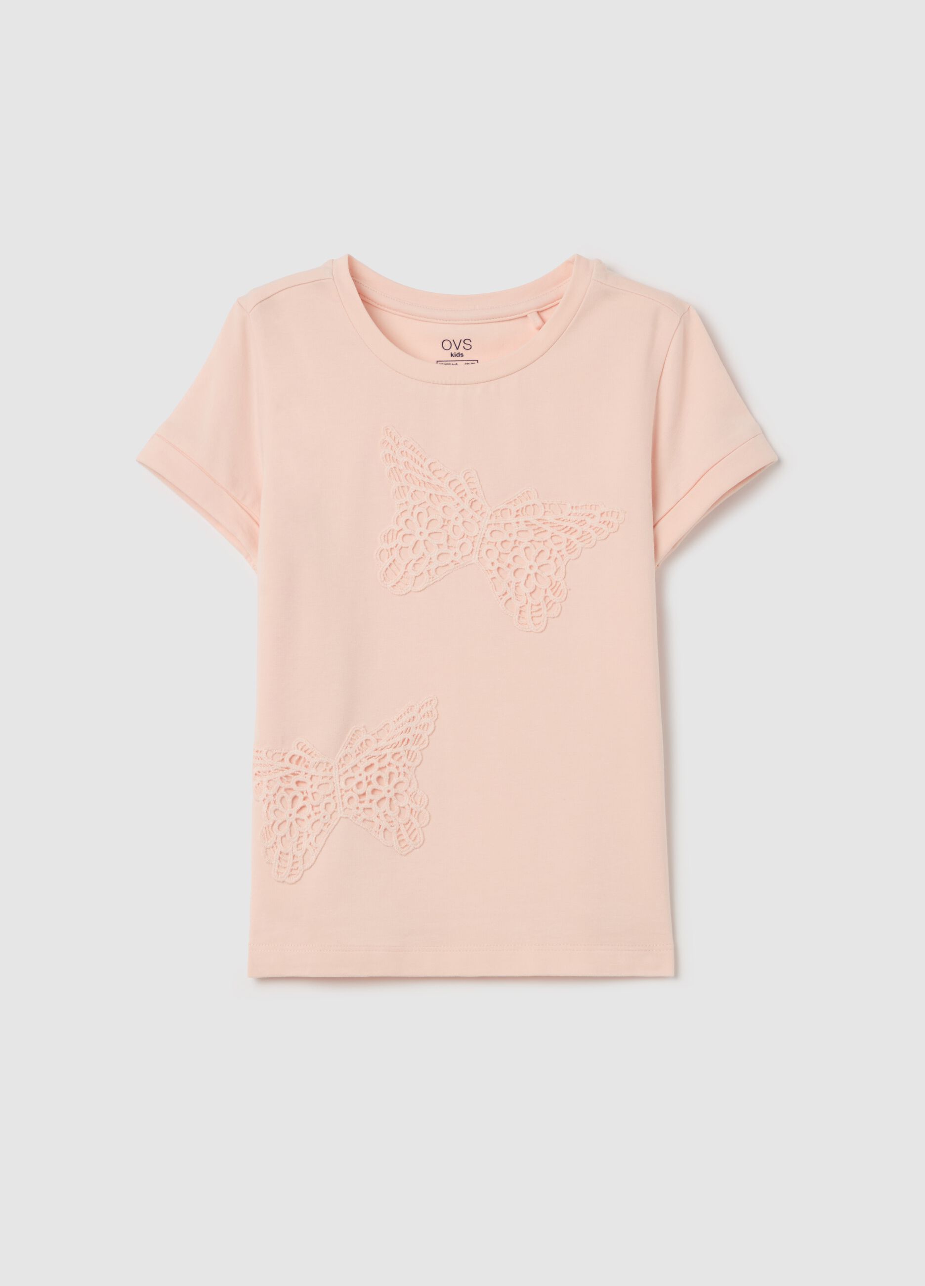 T-shirt in cotone stretch con farfalle sangallo