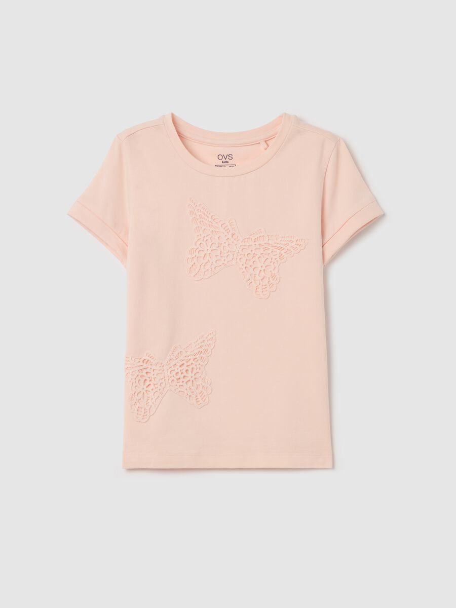 Stretch cotton T-shirt with broderie anglaise butterflies_0