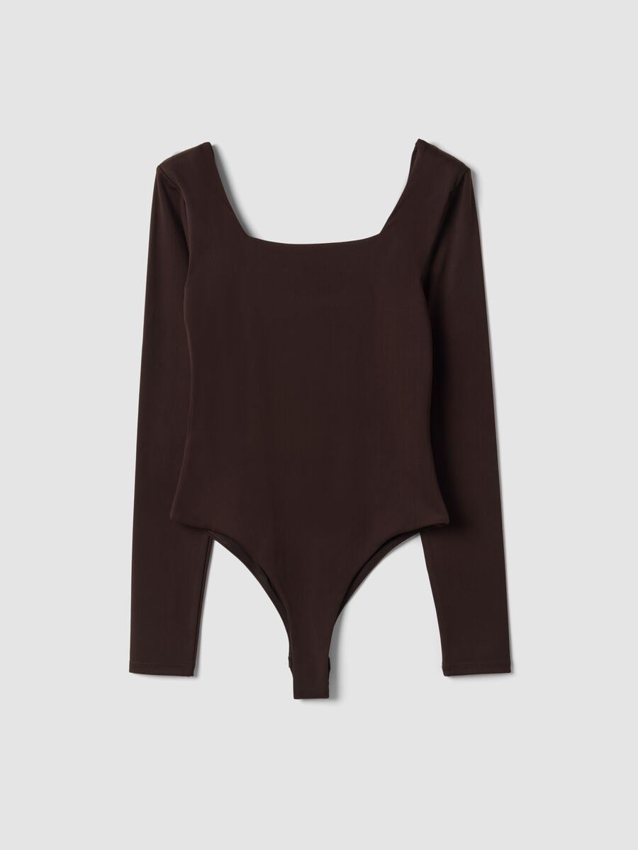 Body marrone in tessuto elasticizzato con scollo madonna_6