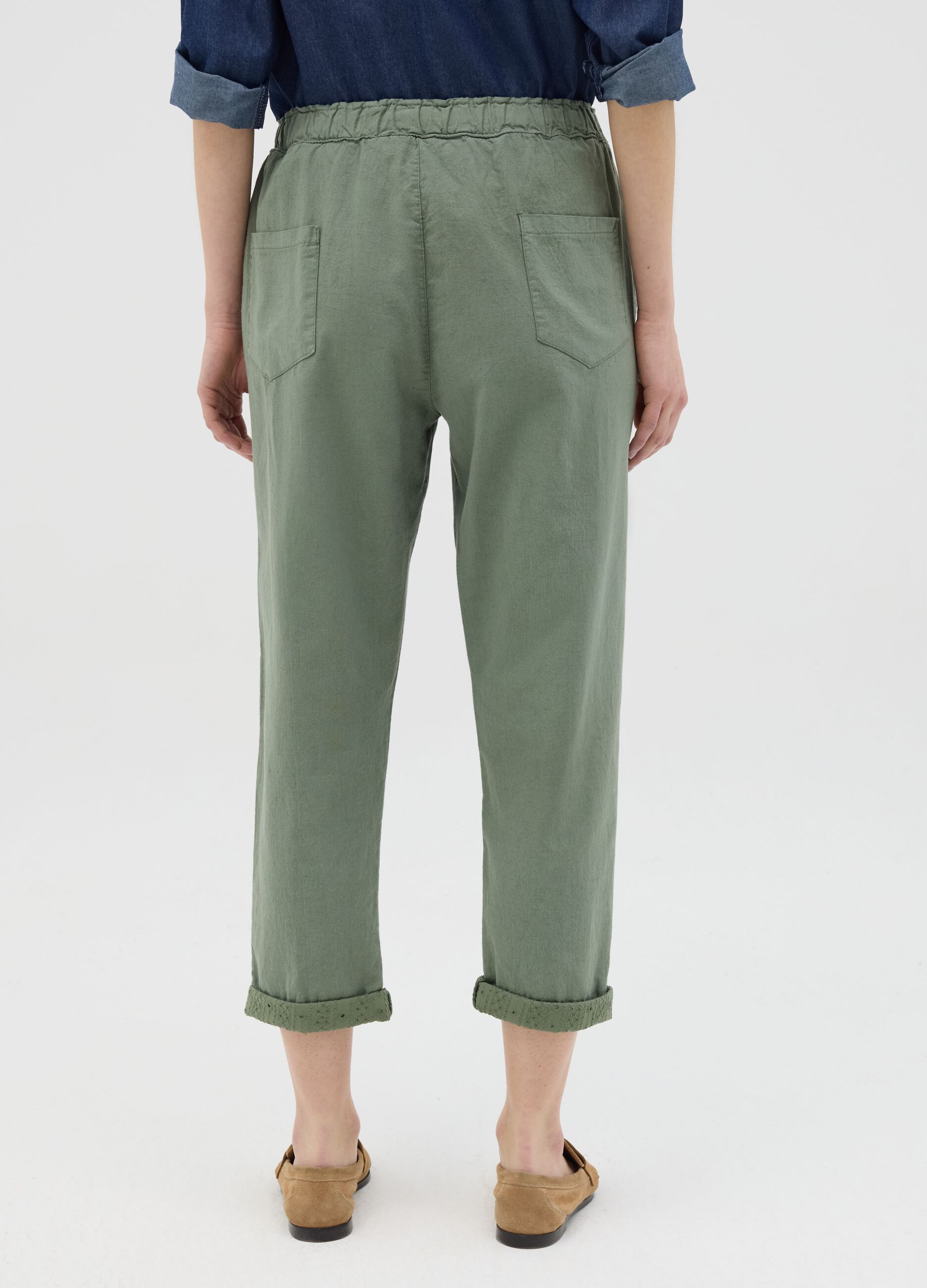 Green Linen and Cotton Hybrid Trousers
