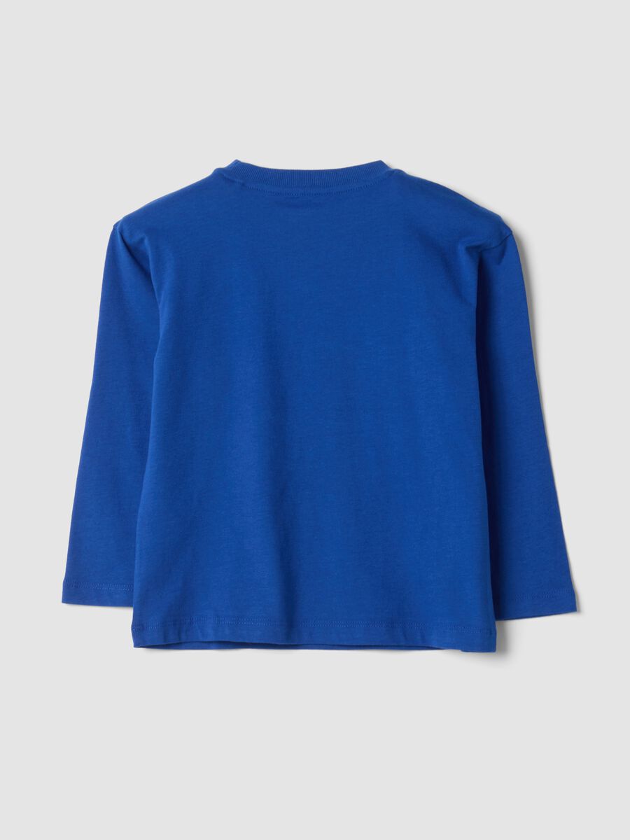 T-shirt blu girocollo in puro cotone organico con stampa dinosauro_1