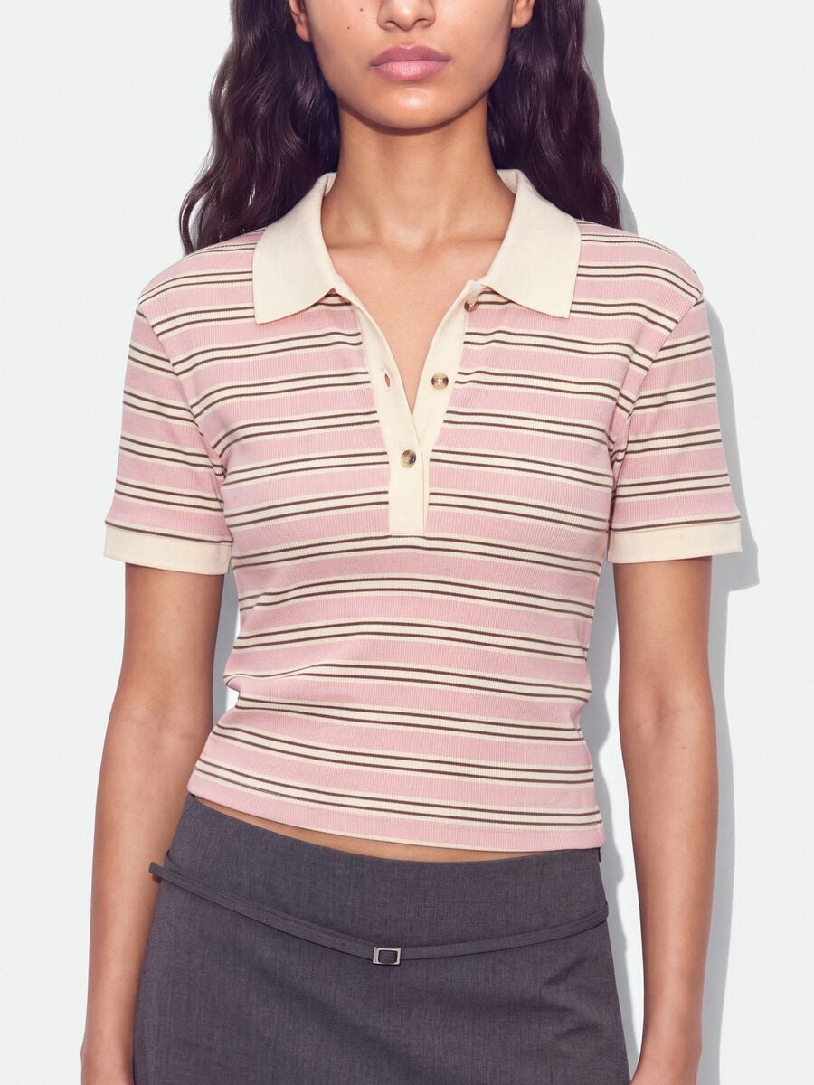 Polo crop rosa in cotone elasticizzato a righe regular fit_3