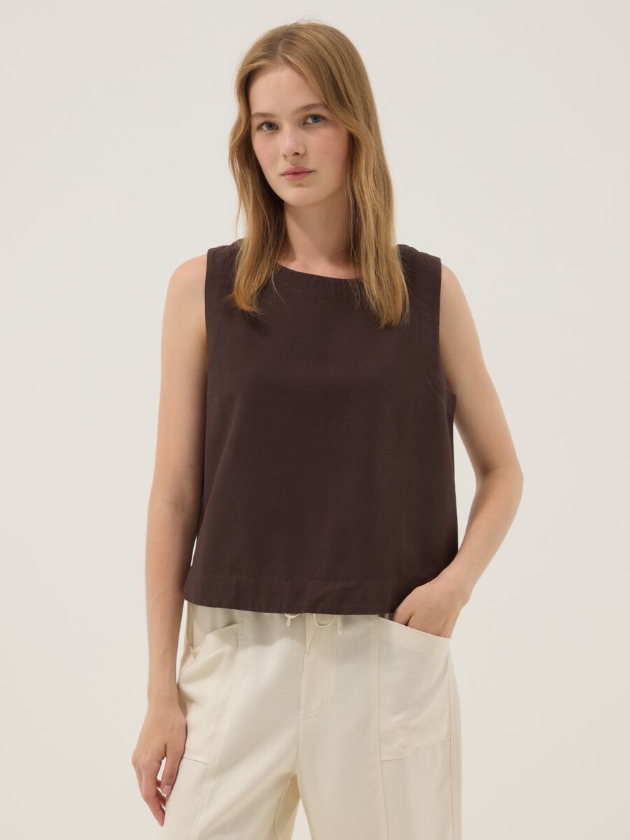 Brown regular-fit top in viscose, cotton and linen blend_0