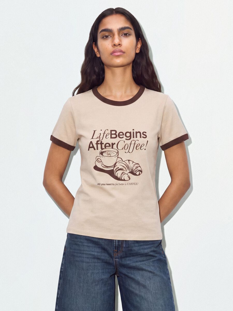Pink cotton T-shirt with front graphic print and contrast trims_0