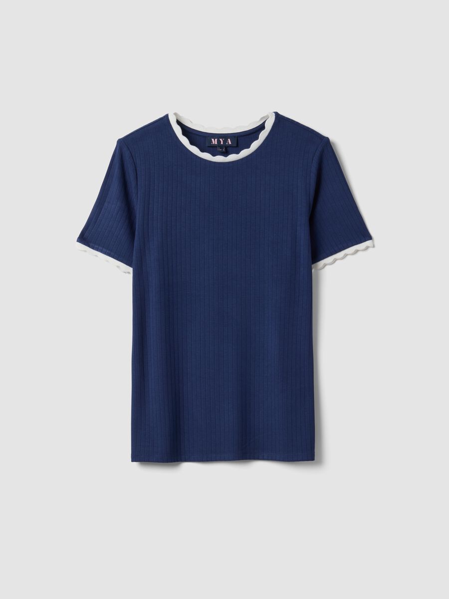 Blue stretch viscose crew-neck T-shirt with contrast trim_0