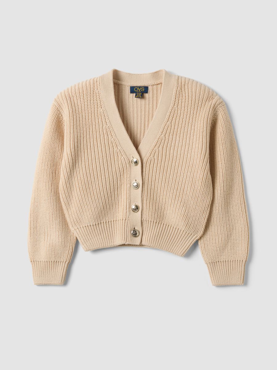 Cardigan beige in misto cotone con bottoni per bambina_0