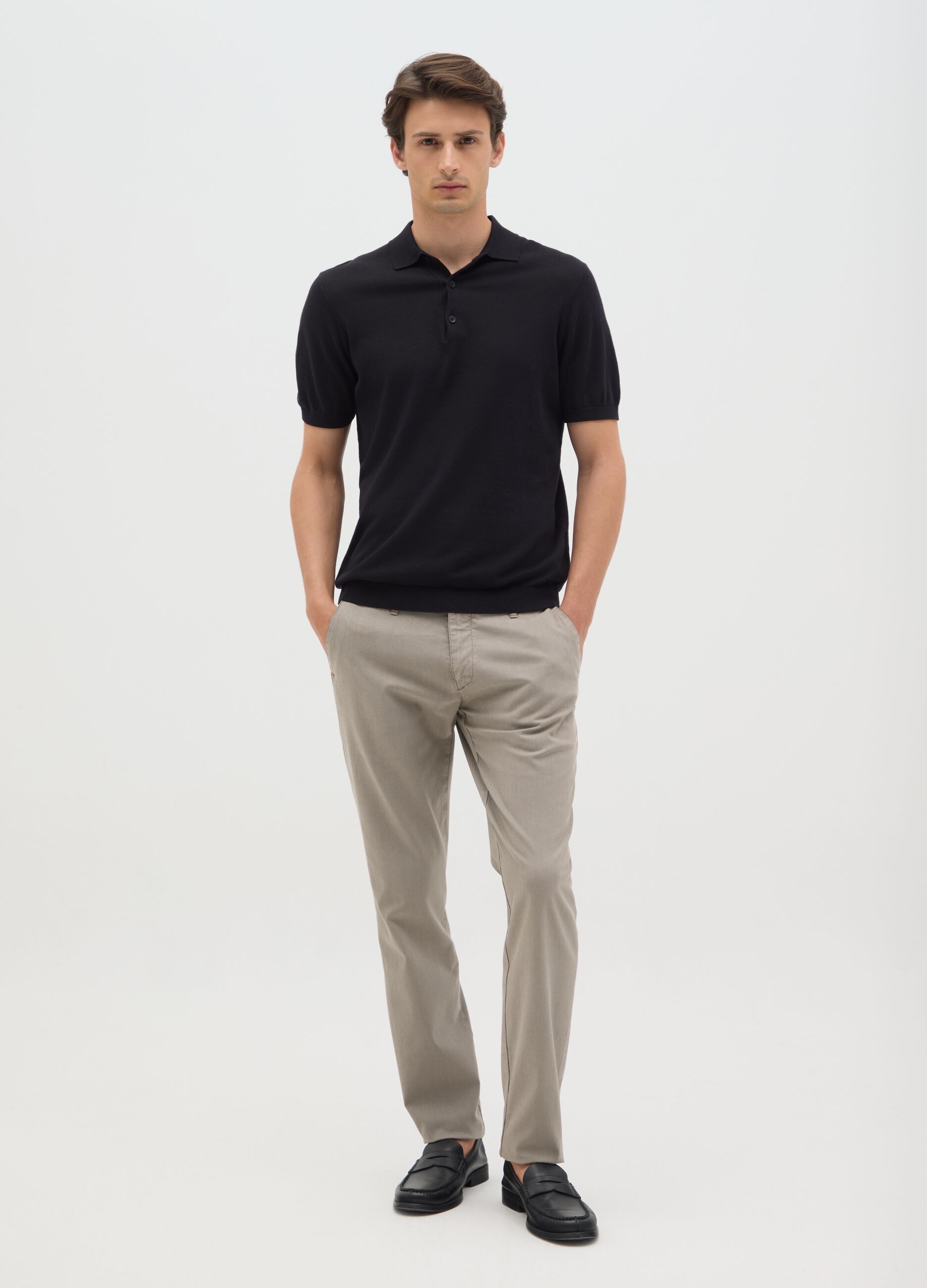 Men's Beige Stretch Cotton Slim Fit Trousers