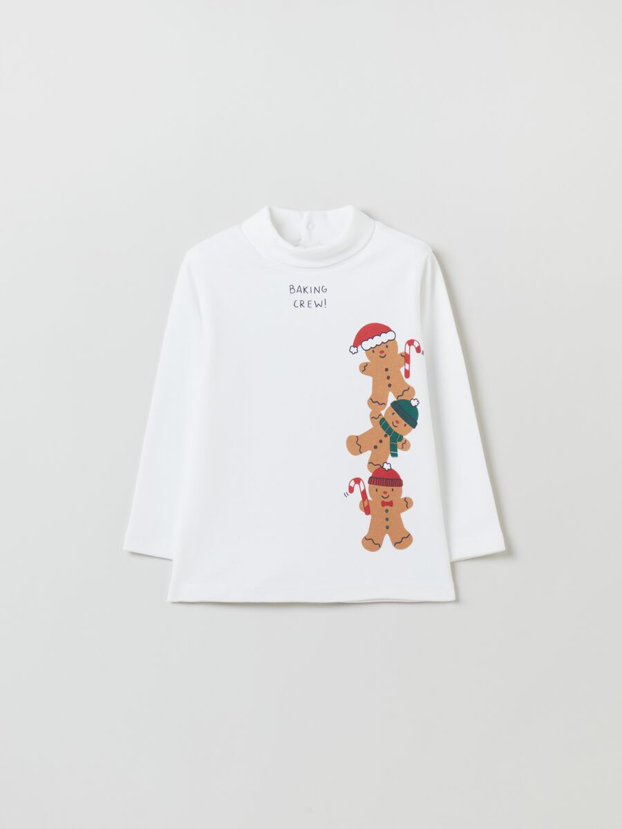 T-shirt a collo alto con stampa natalizia_0