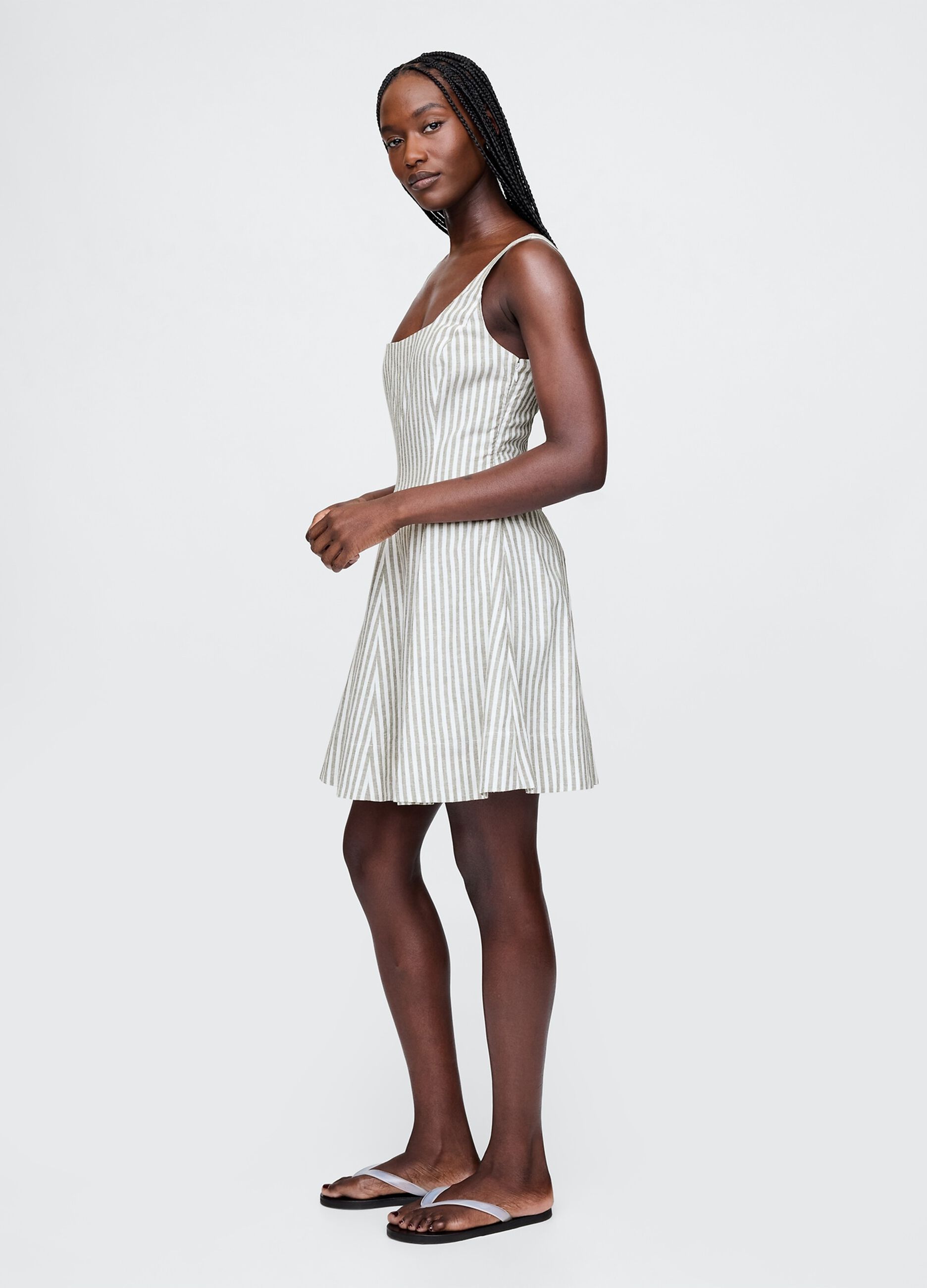 White and grey striped dress in linen and viscose