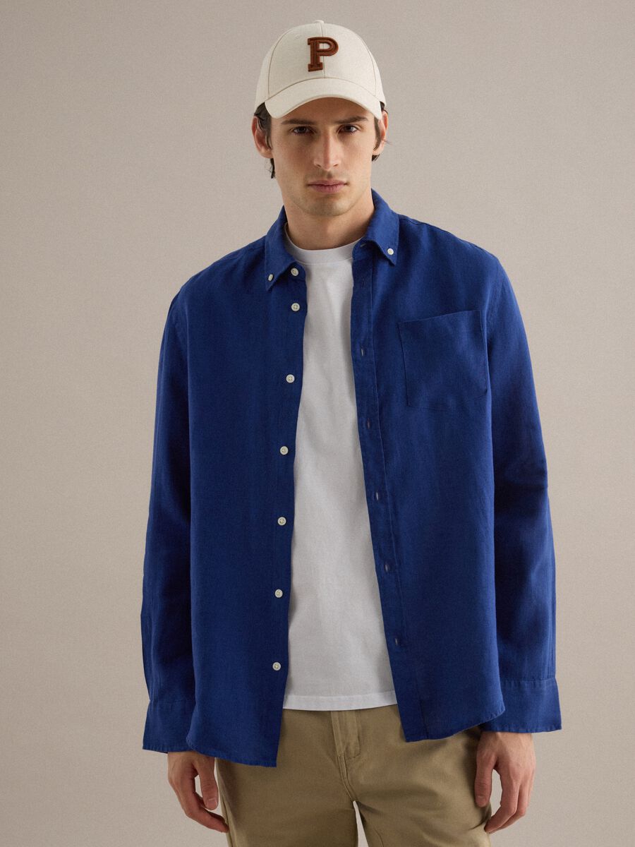 Camicia a maniche lunghe in puro lino blu regular fit_0
