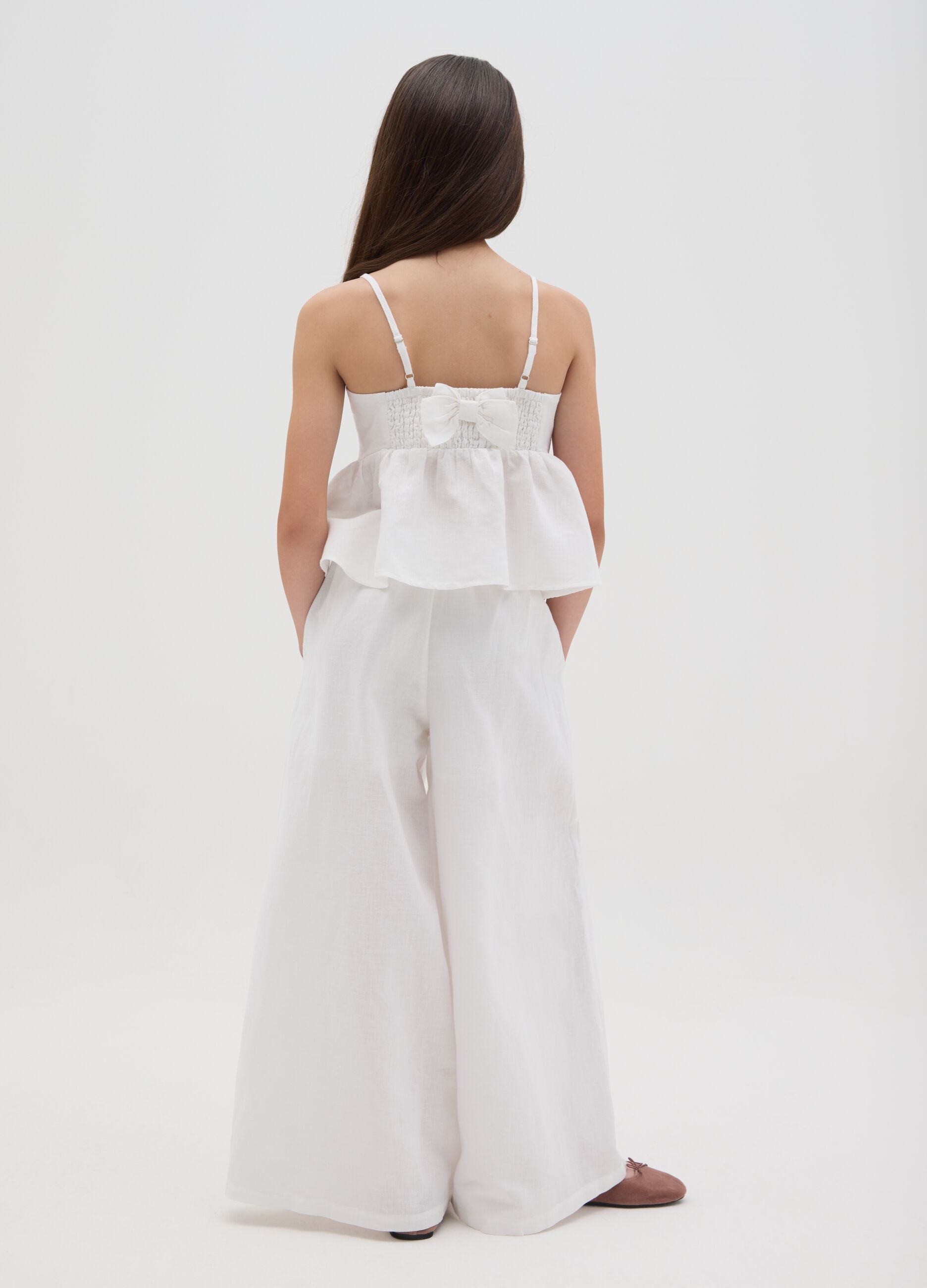 Pantaloni da ragazza in cotone e lino bianchi wide leg