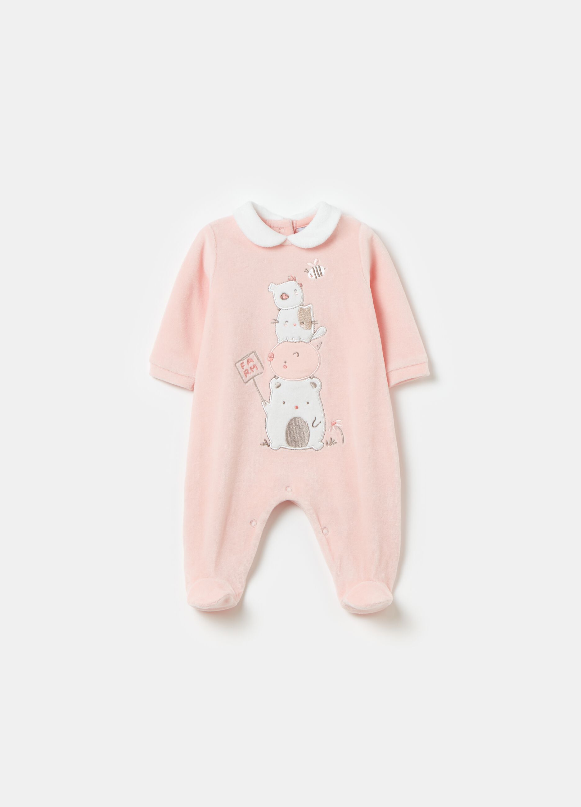 Velour onesie with animal print embroidery