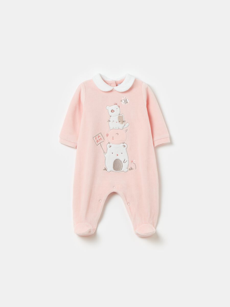 Velour onesie with animal print embroidery_0