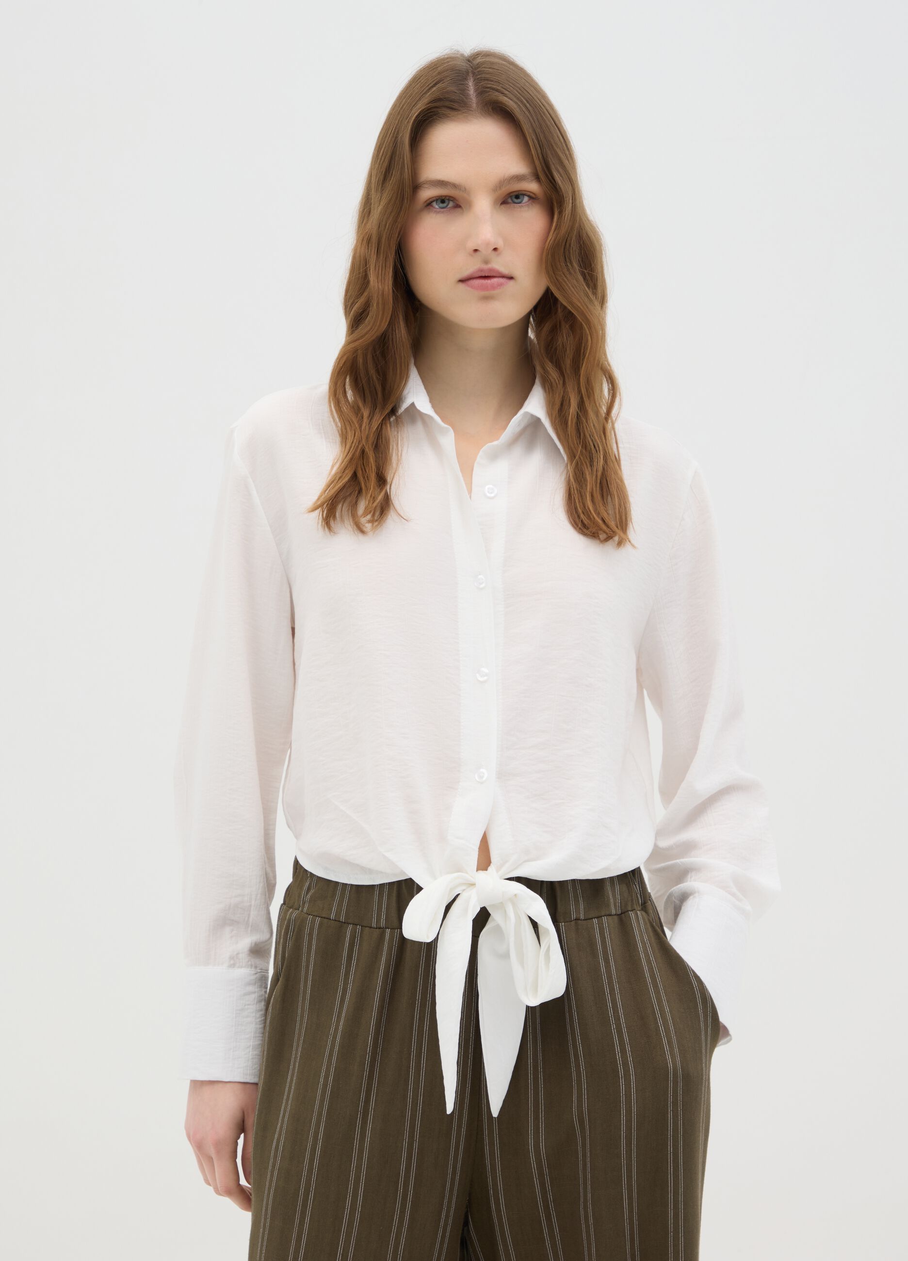 Women's regular fit white blend shirt with front tie