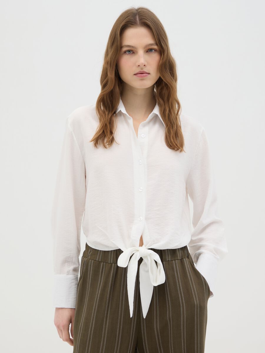 Women's regular fit white blend shirt with front tie_0