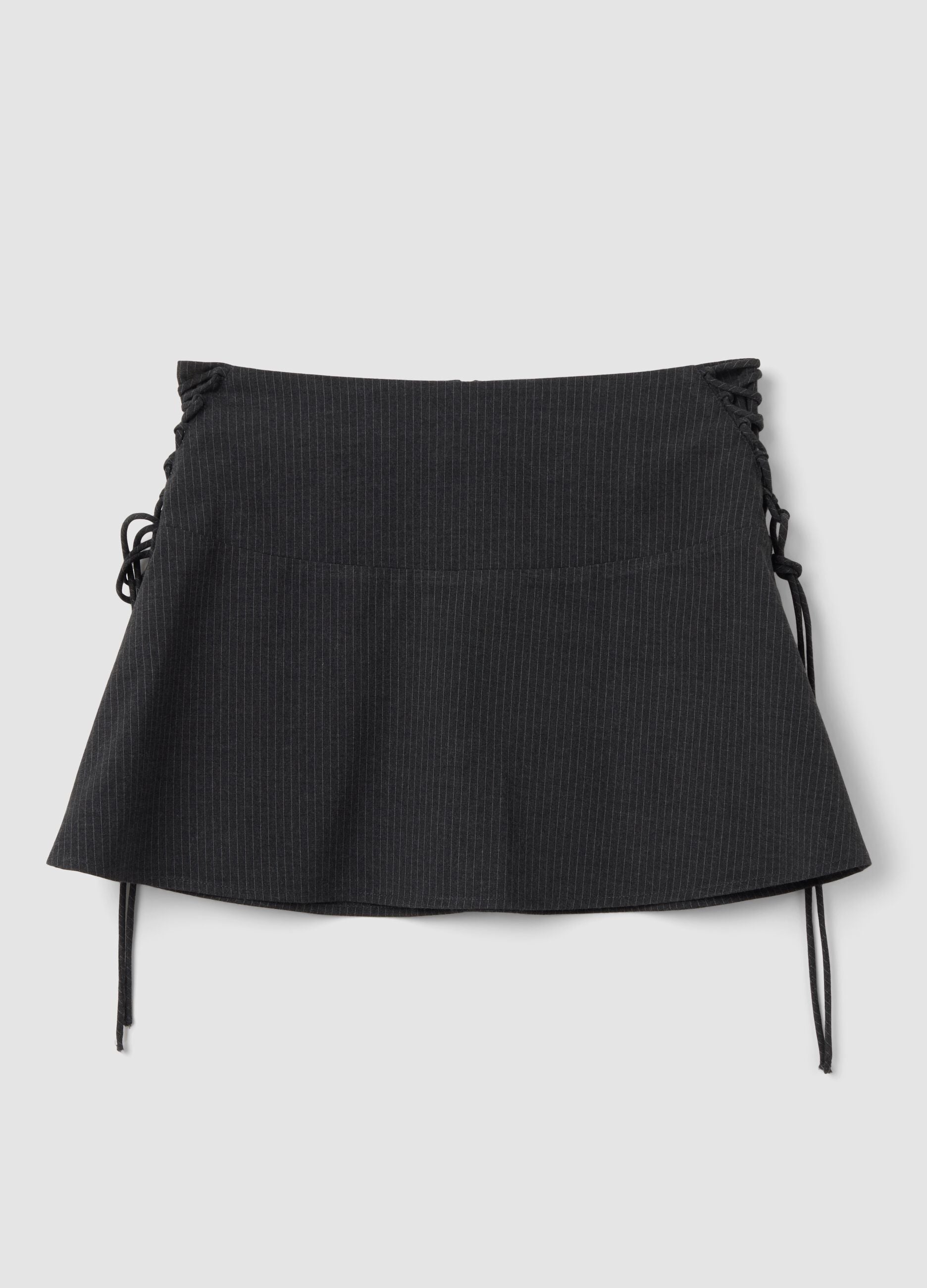 Grey stretch viscose mini skirt with fine stripes