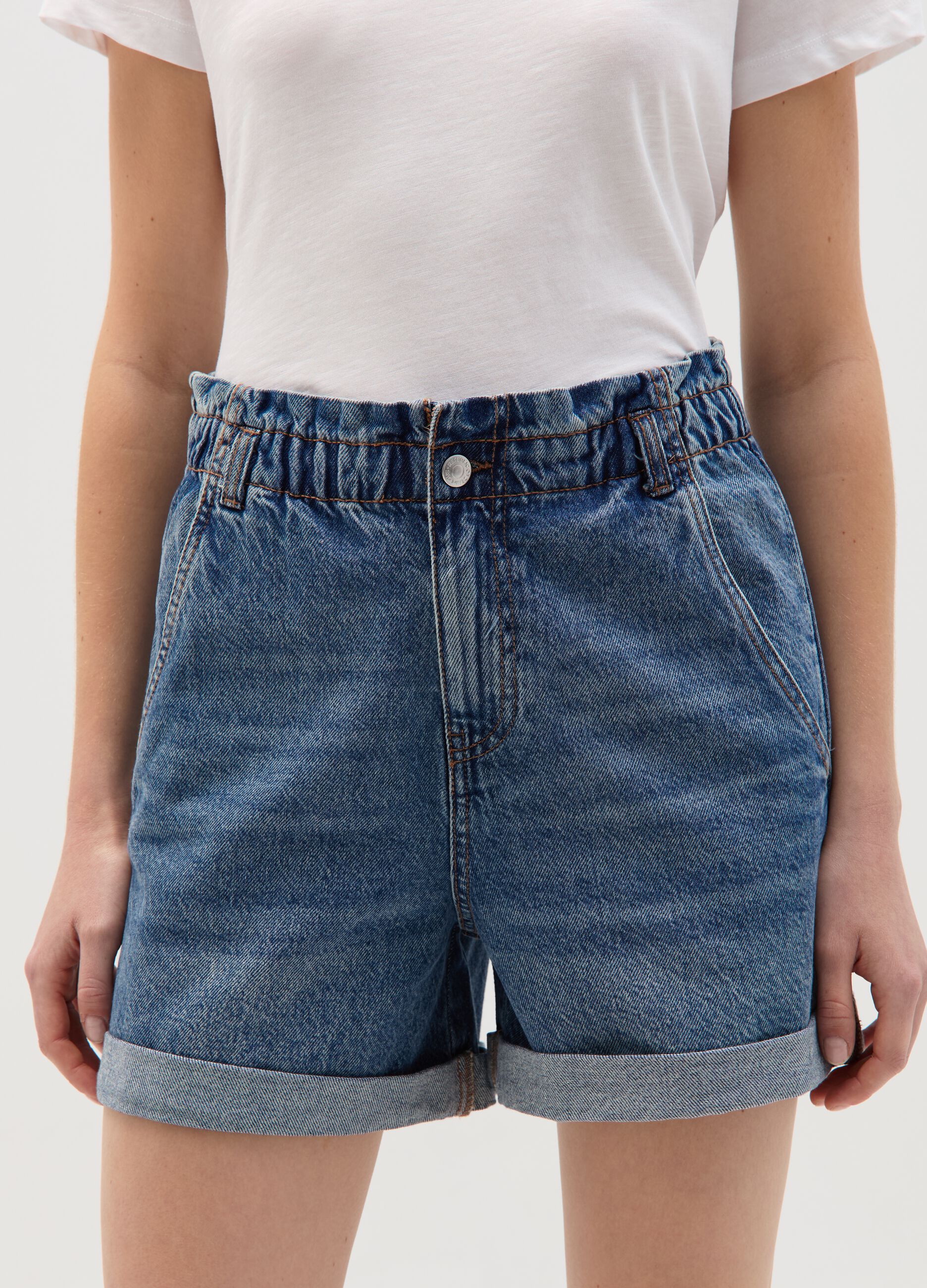 Denim paper bag shorts