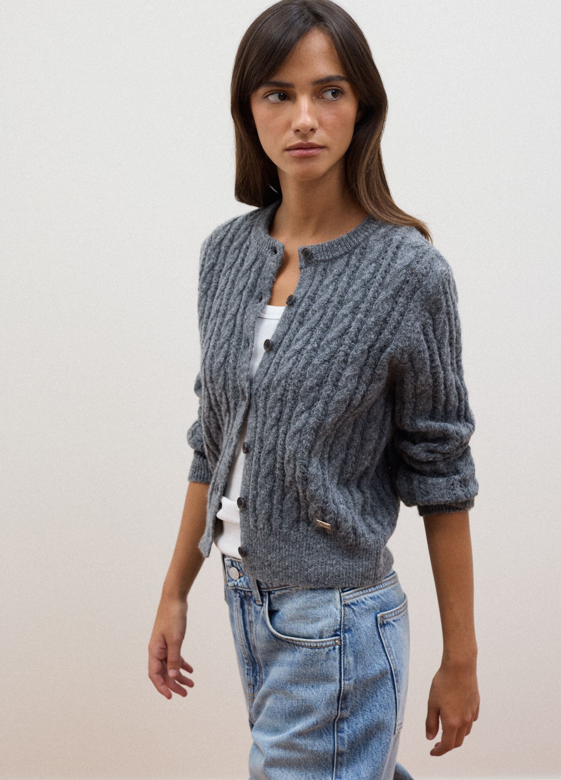 Grey wool-blend cable-knit cardigan