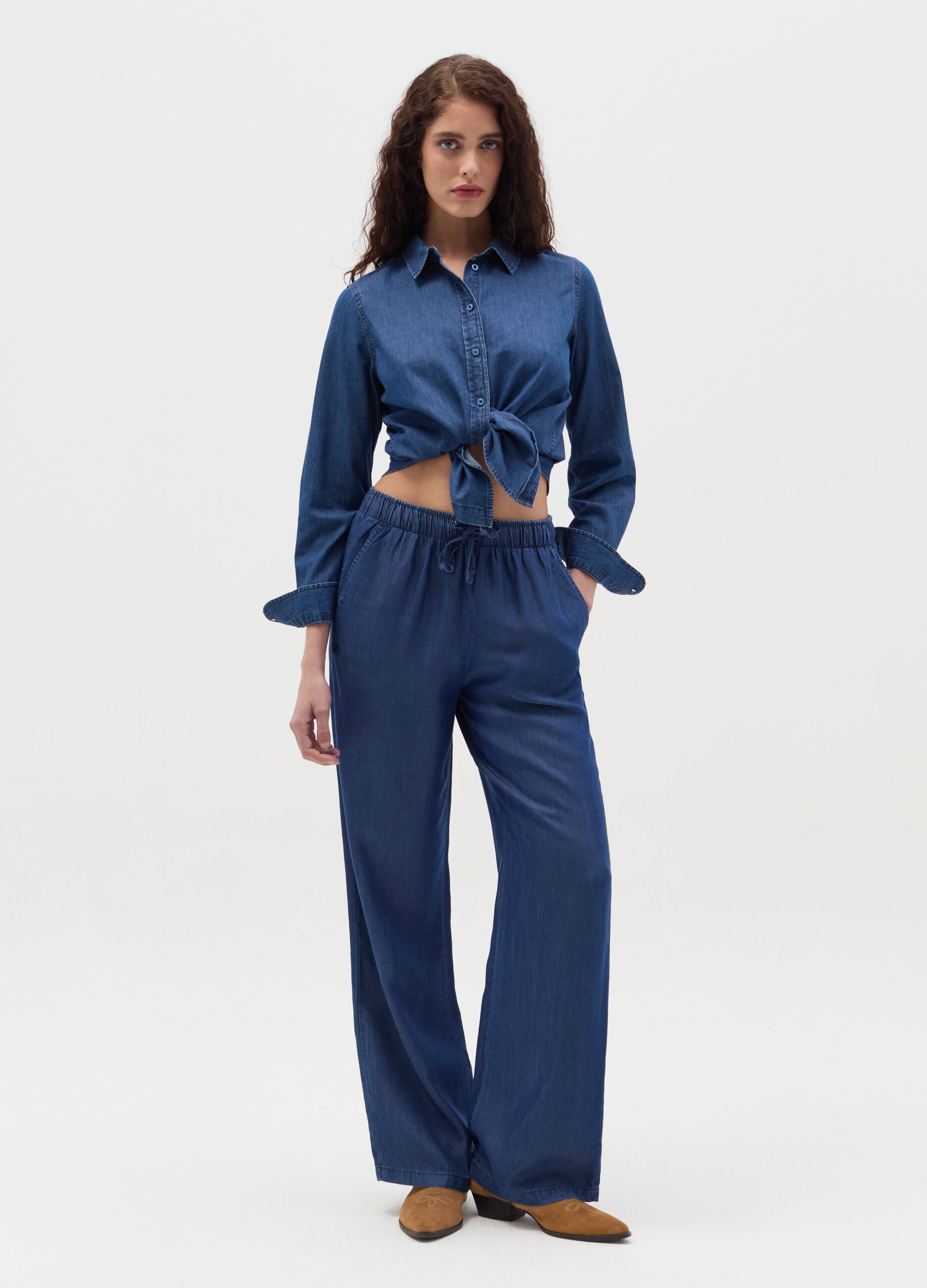 Denim-effect wide-leg fluid joggers