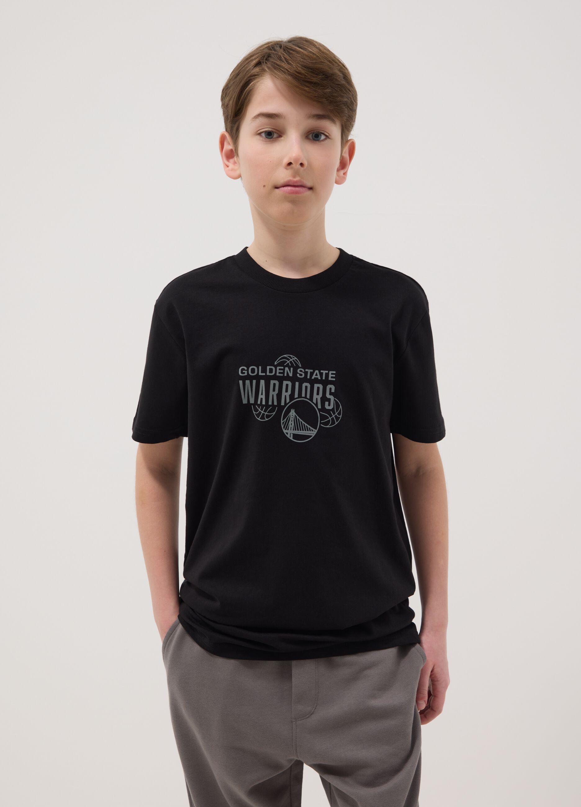 Boys' pure black cotton T-shirt with relaxed fit Warriors