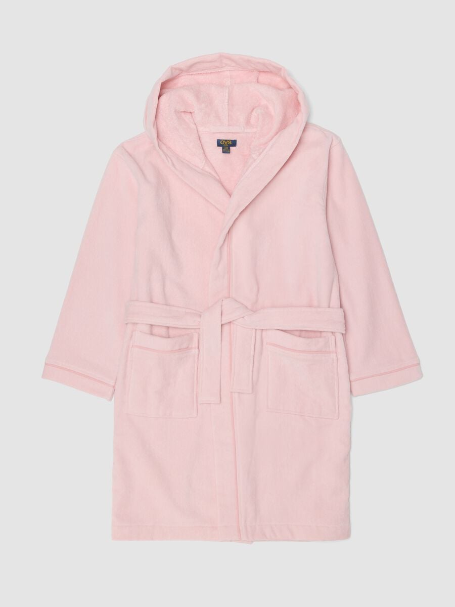Accappatoio rosa in puro cotone organico con cappuccio per bambina_0
