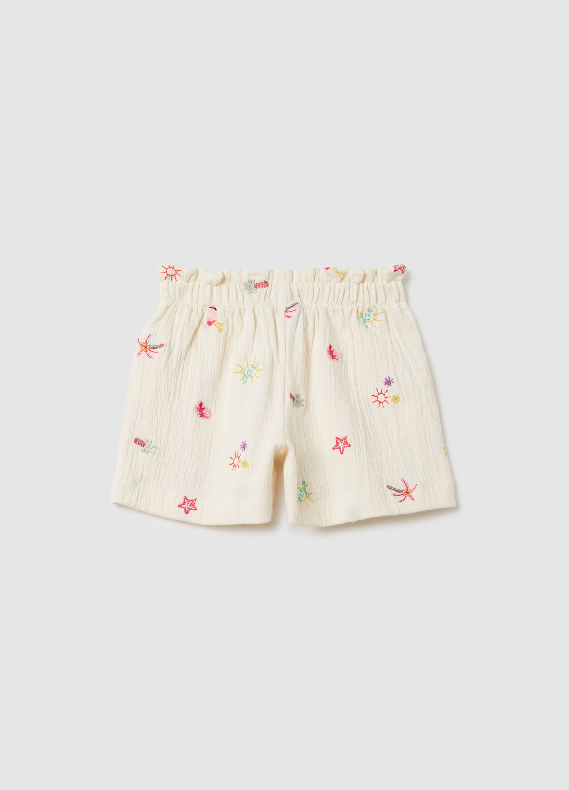 Girls' beige cotton shorts regular fit with embroidery