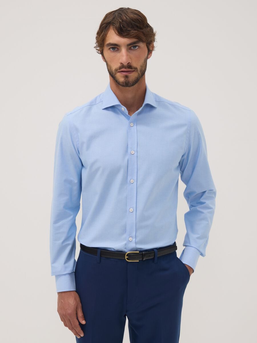Camicia oxford azzurra in puro cotone con collo francese slim fit_0