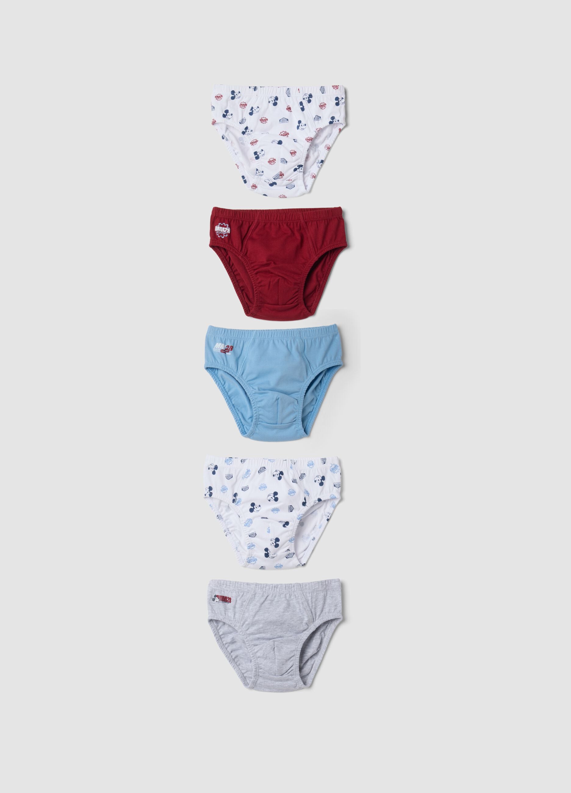 Multipack di cinque slip multicolor in puro cotone organico con stampa Mickey