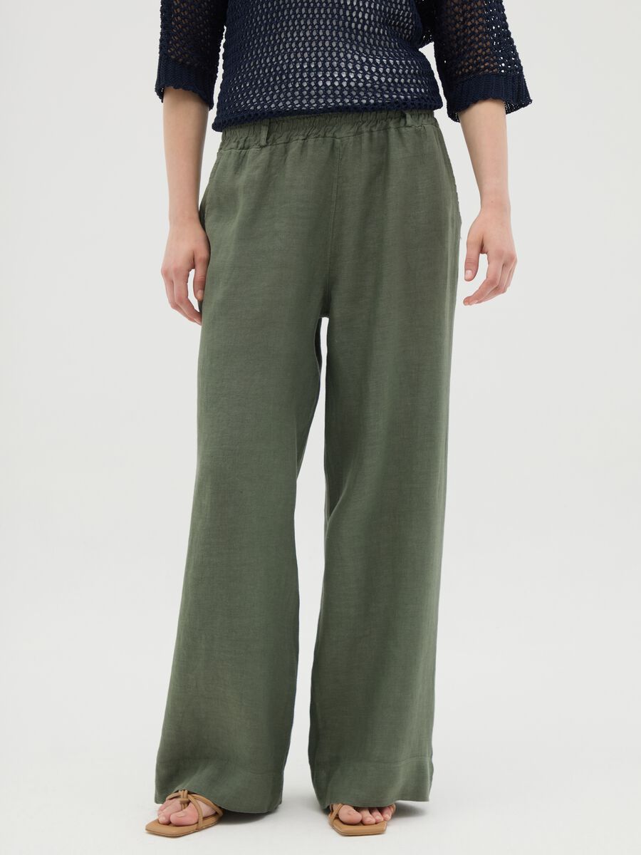 Women's Pure Linen Green Trousers Regular Fit_1