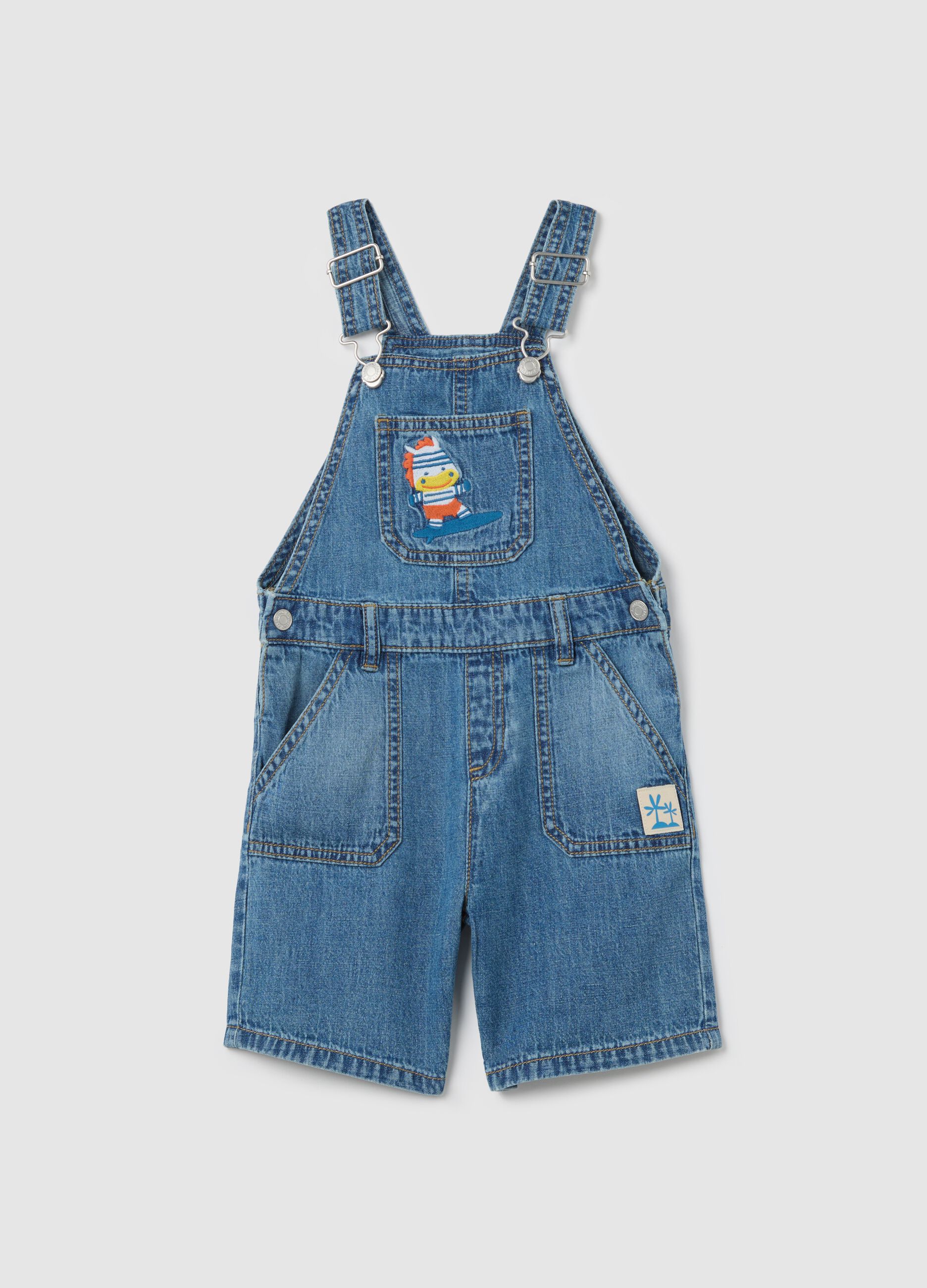 Denim dungarees with pockets and surfer zebra embroidery