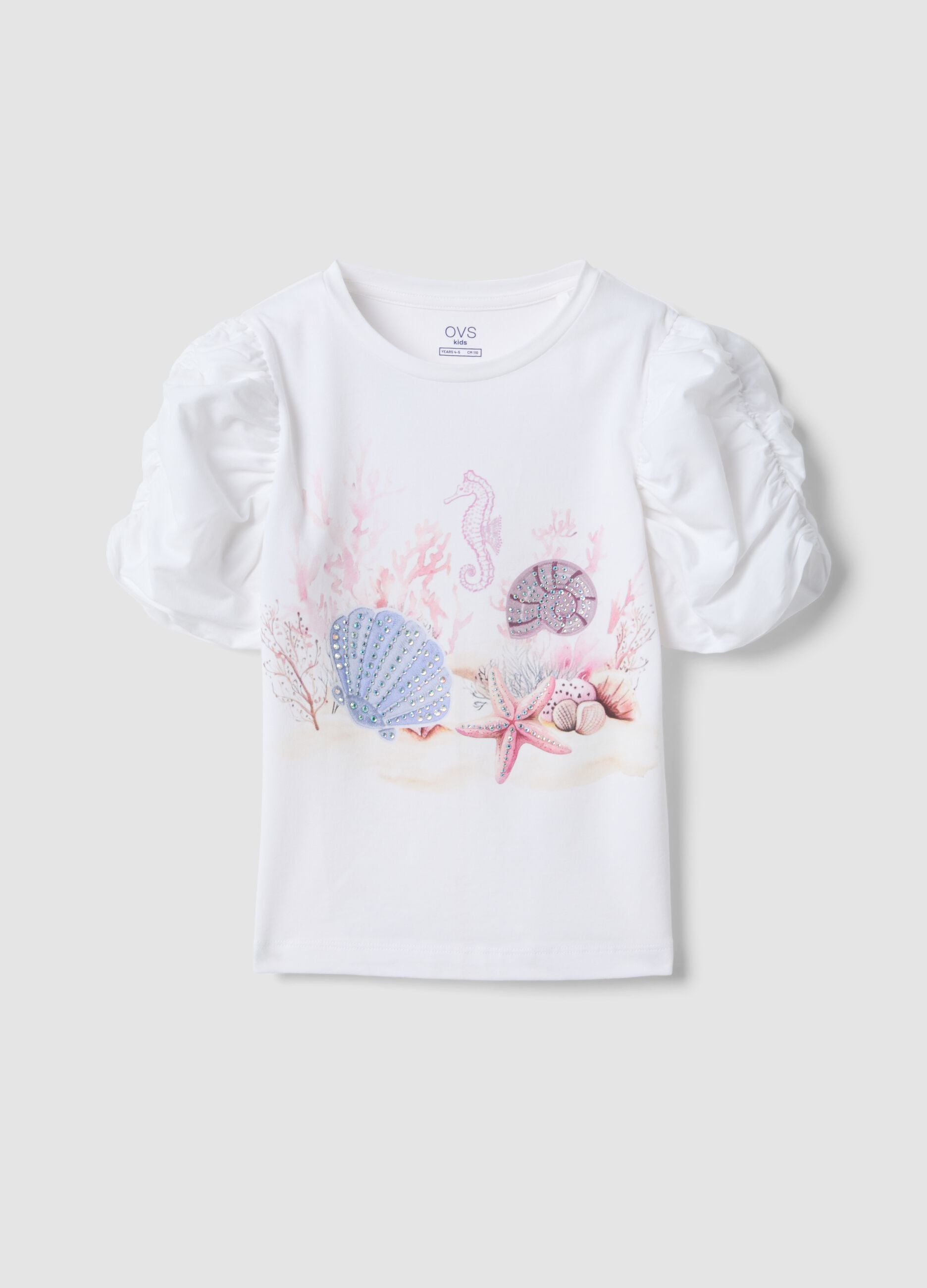 White stretch cotton T-shirt with puff sleeves