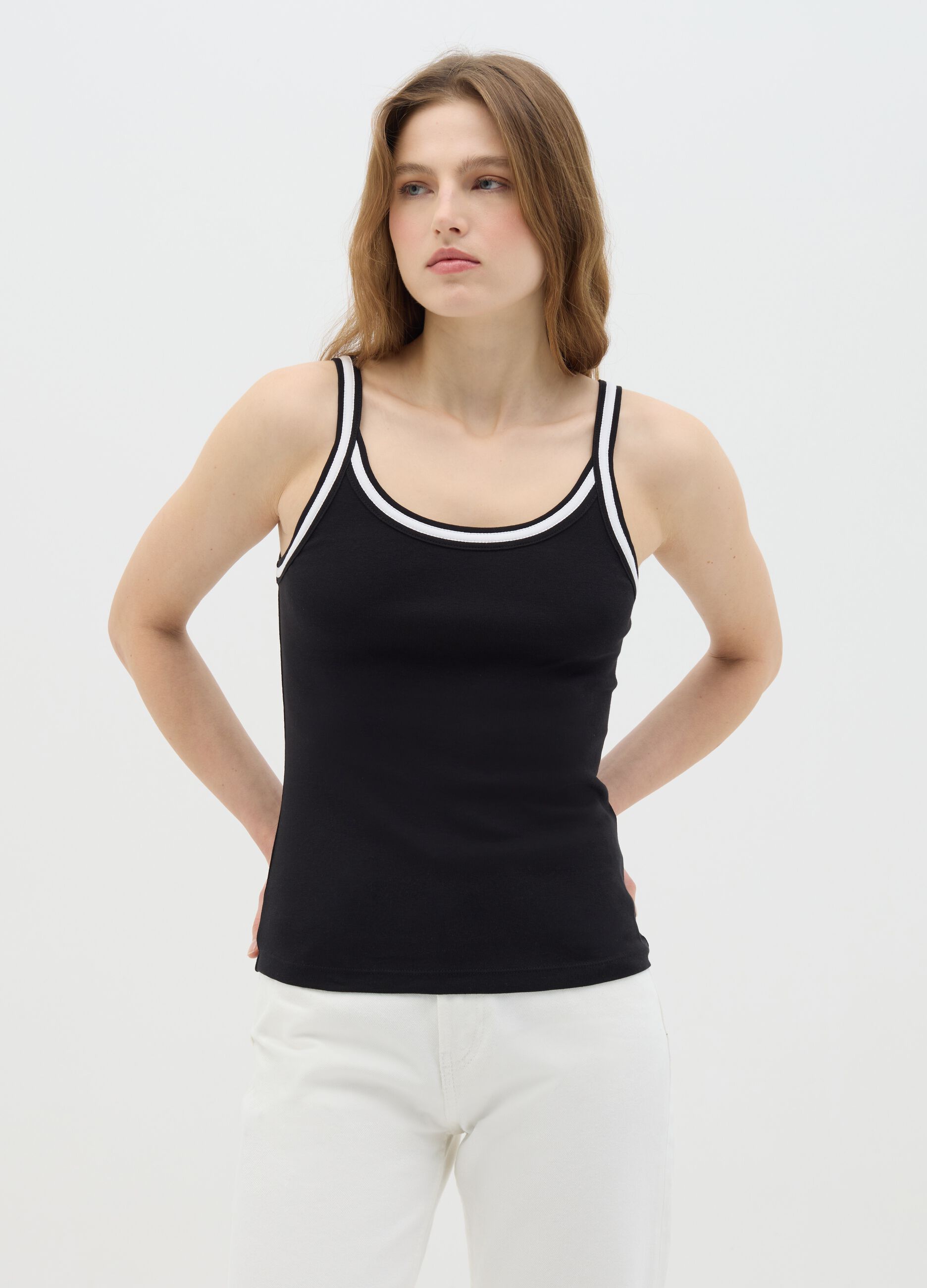 Black cotton vest with white trim
