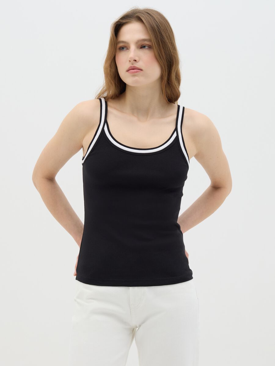 Black cotton vest with white trim_0