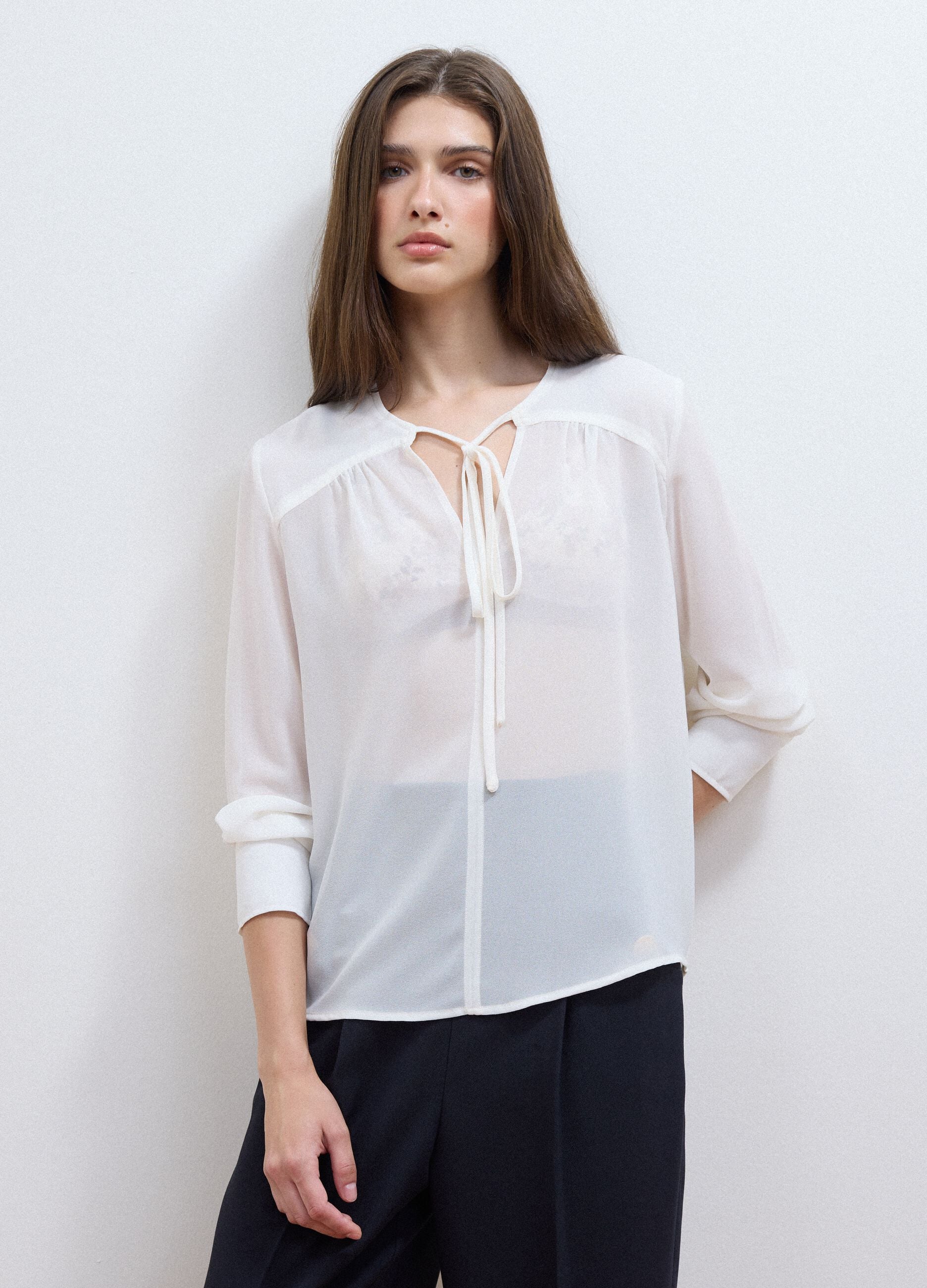 White regular-fit blouse with V-neck and tie detail