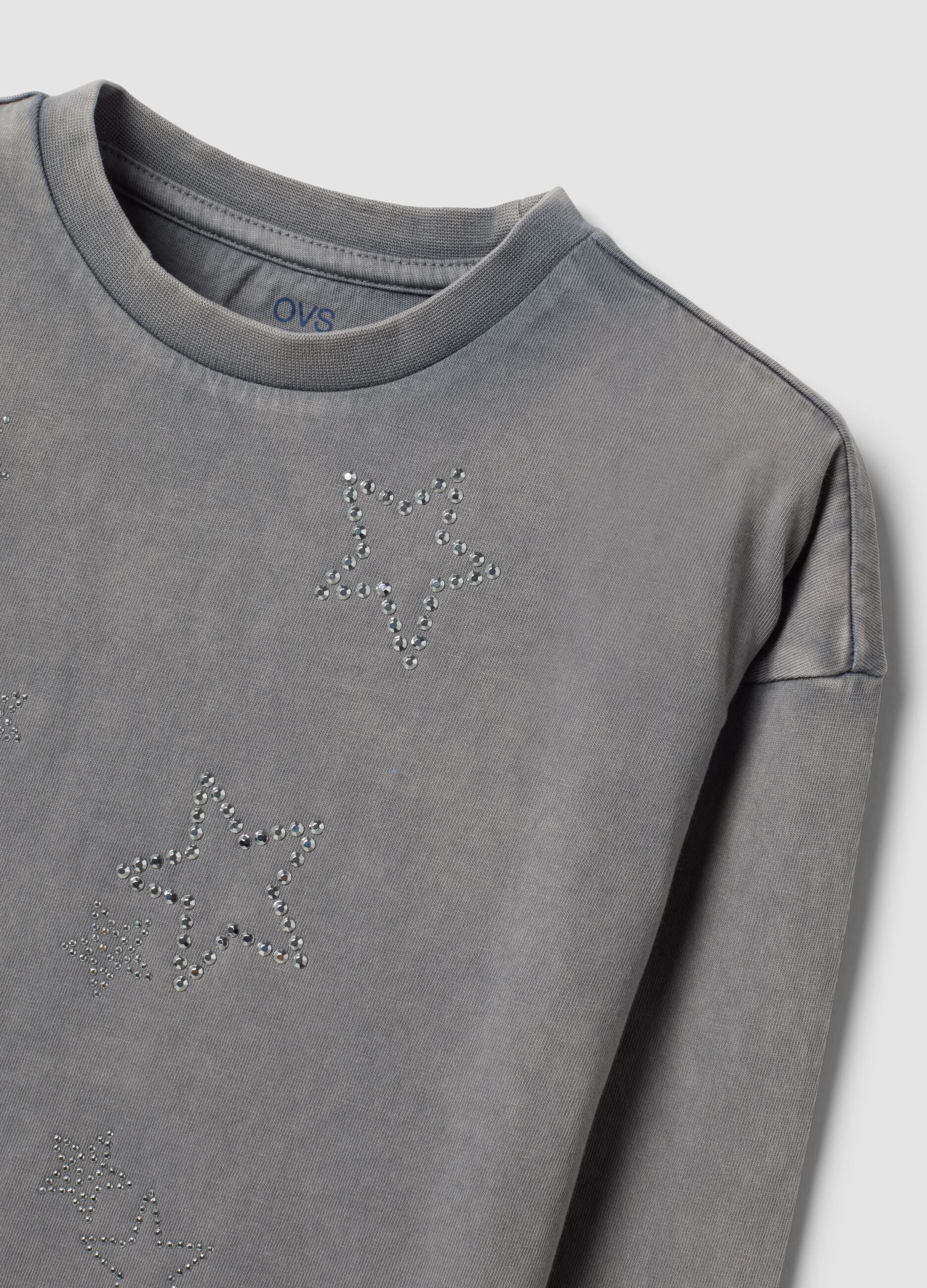 Grey pure cotton crew-neck T-shirt with rhinestone stars for girls