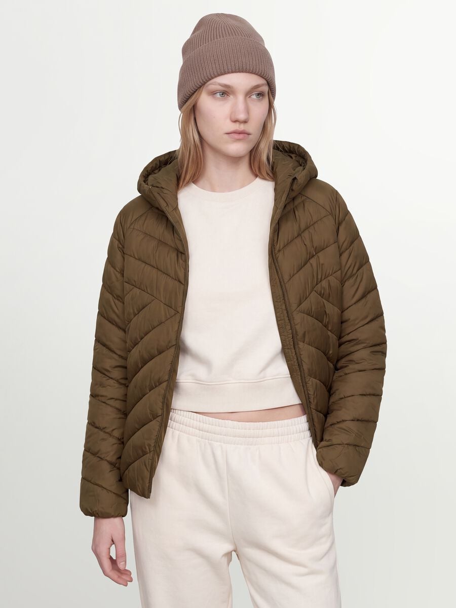 Giacca Ultralight verde trapuntata con cappuccio e zip_1