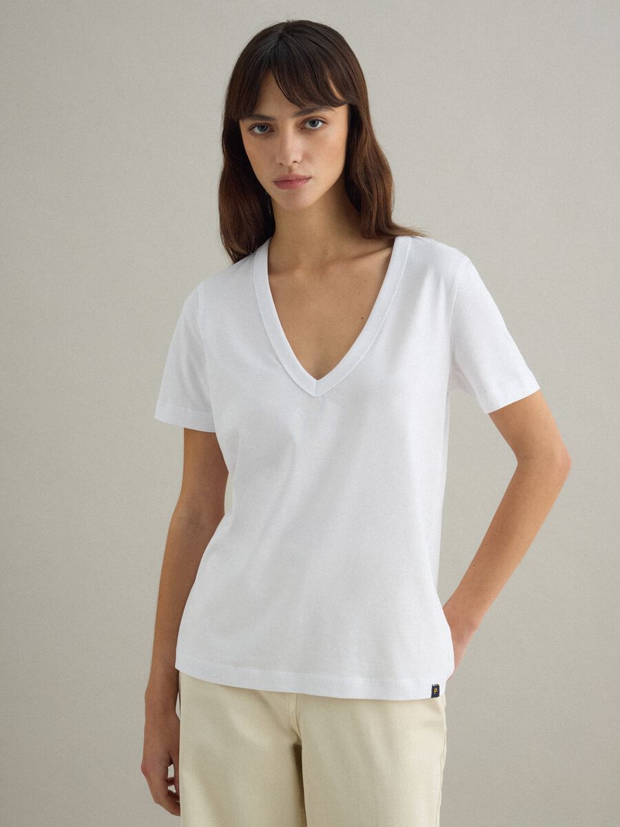 White pure cotton T-shirt regular fit deep V_1