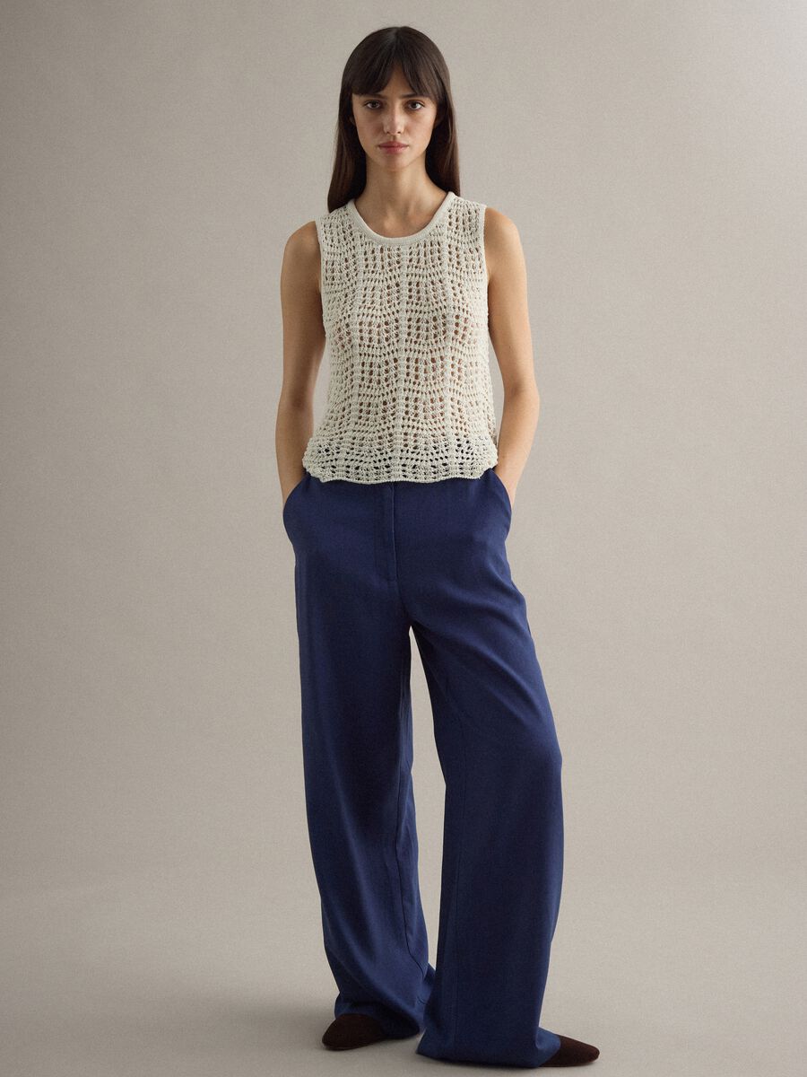 Tank top in misto cotone bianco regular fit con texture a rete_1