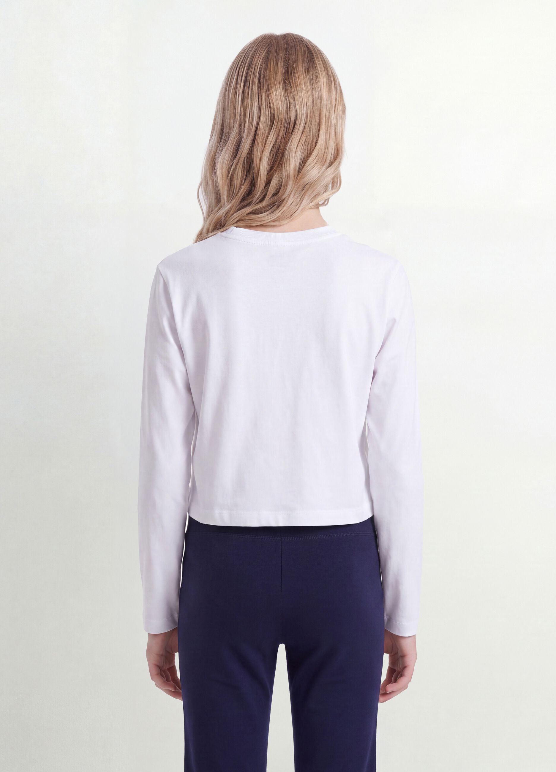 Girls&rsquo; pure cotton white T-shirt with ribbed crew neck
