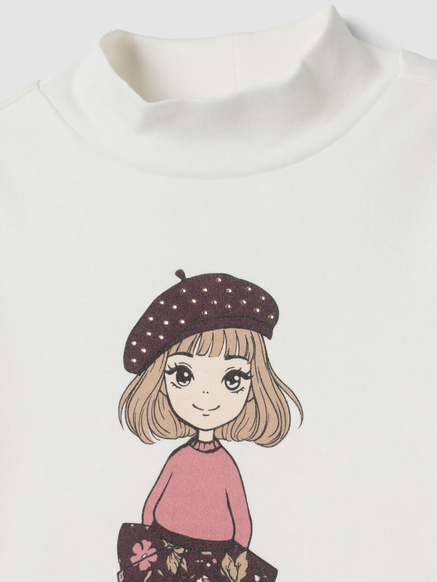 T-shirt bianca con collo rialzato in puro cotone organico con stampa_2
